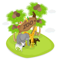 3D Isometric Flat  Illustration of Zoo, Cartoon Style Banner With Forest Background © TarikVision