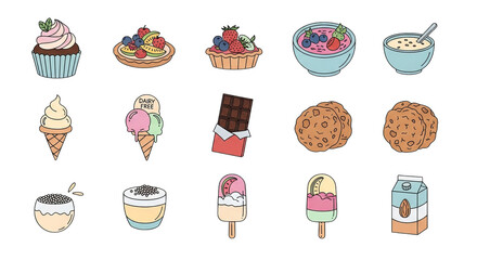 Cartoon Desserts And Dairyfree Food Icons Set