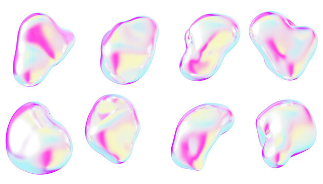 3d liquid rainbow chrome drop set. Holographic y2k abstract blobs with bright pastel pink purple turquoise yellow gradient. Iridescent fluid metal shapes, decorative elements on white