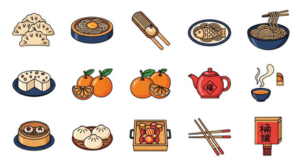 Chinese New Year Food And Cultural Icons Set