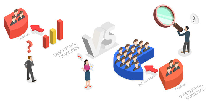3D Isometric Flat  Illustration of Statistics And Population, Comparison Between Descriptive And Inferential Statistics In Sample And Population Analysis