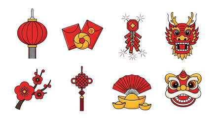Chinese New Year Icons Dragon Lantern Red Envelopes Lion Dance