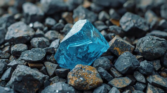 Blue crystal gem resting on wet dark pebbles reflective stone with golden lichen accents
