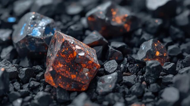 Glowing orange opal gemstone on dark gravel closeup with warm sparkle and blue highlights