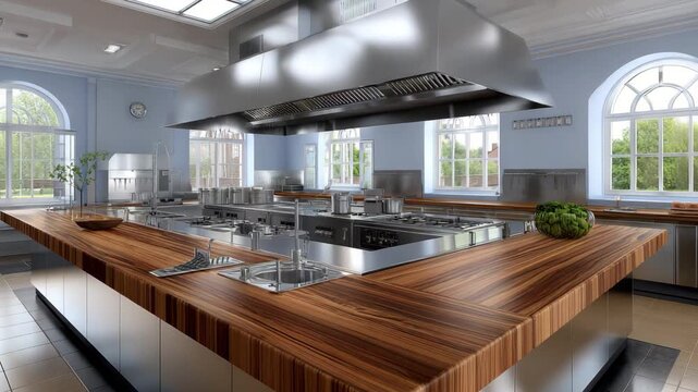 Modern kitchen design features stainless steel appliances and a large wooden countertop in a bright space with windows