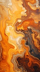 Abstract artwork with swirling orange, brown, and cream colors creating a fluid, marbled effect