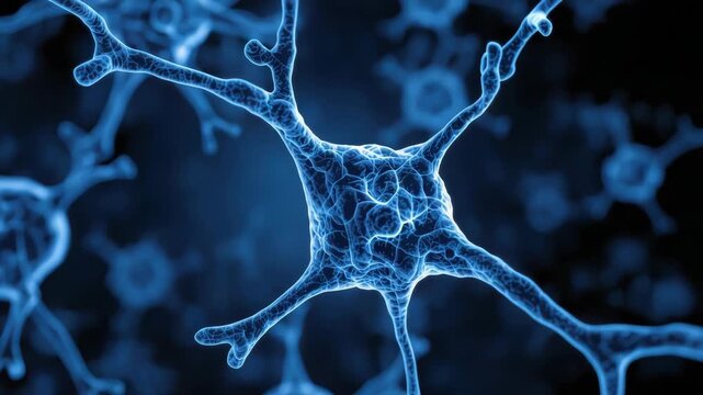 Blue neuron cell network glowing microscope with branching dendrite and axon connectivity synapse