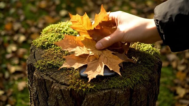 Smartphone Covered With Autumn Leaves On A Mossy Tree Stump In Forest.