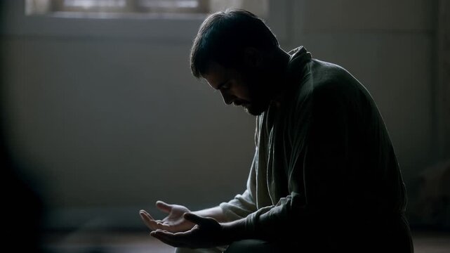 A man in prayer, kneeling in a dimly lit room with his hands cupped in front of him, with a window in the background