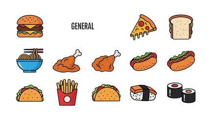 Flat Design Fast Food Icons Set Burger Pizza Sushi More