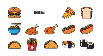 Flat Design Fast Food Icons Set Burger Pizza Sushi More