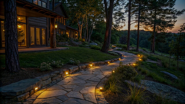 A serene evening setting of a house nestled amidst tall trees. A stone pathway, illuminated by small embedded lights, meanders from the house's entrance to the foreground