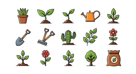 Gardening And Plant Growth Icons Set Flat Design Illustration