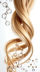 A strand of golden, wavy hair with atom models surrounding it, against a white background, suggesting science and beauty