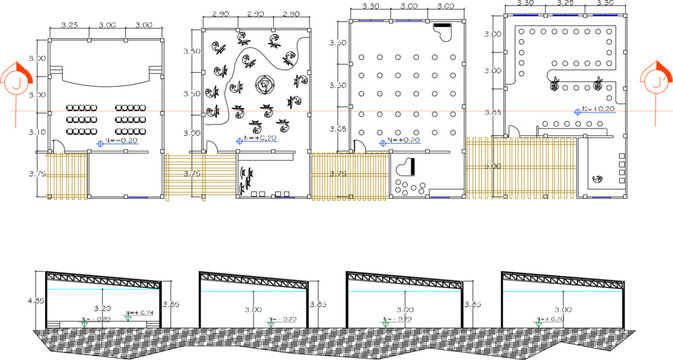 Vector sketch illustration silhouette design architectural engineering drawing of a cafe restaurant auditorium simple performance building with construction details