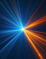 Abstract digital artwork featuring radiant converging blue and orange light rays on a dark backdrop, symmetrical