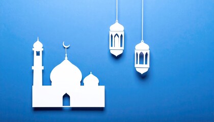 Fototapeta premium White paper cutouts of mosque and lanterns on blue background