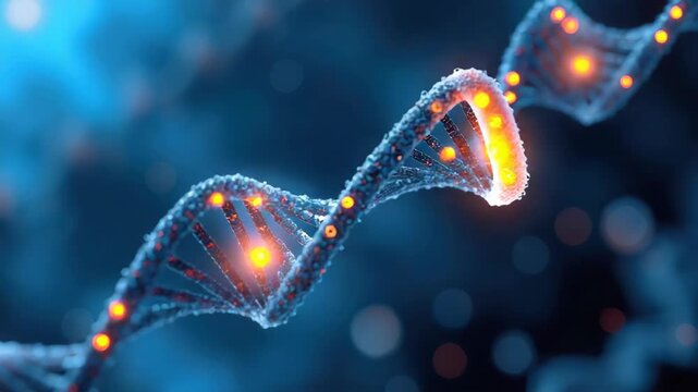 Glowing DNA strand molecule helix with illuminated base pair glowing nucleotides blue microscopic