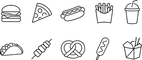 Set of black line icons representing fast food and street food items including burger, fries, soda, hot dog, pizza, chicken leg, taco, ice cream, skewer, and food truck. Minimalist outline icon set te