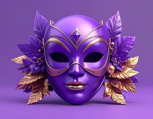 A striking purple masquerade mask adorned with golden leaves, set against a matching purple background