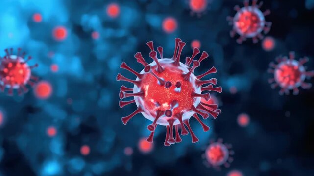 Red virus particle closeup microscopic coronavirus spike pathogen glowing core and threat