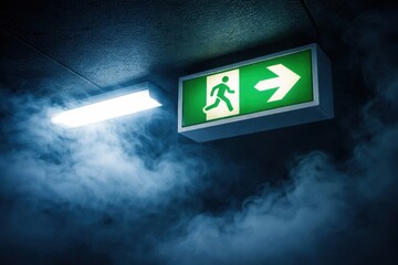 Fototapeta premium Emergency Exit Sign Illuminated in Smoky Dark Corridor
