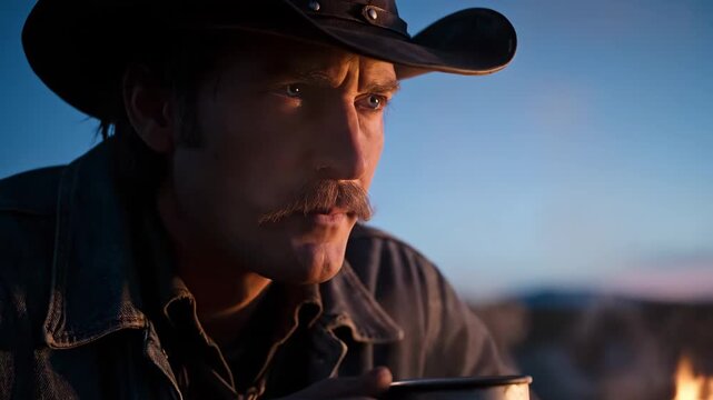 Rugged cowboy with mustache drinking coffee from a metal mug at dawn