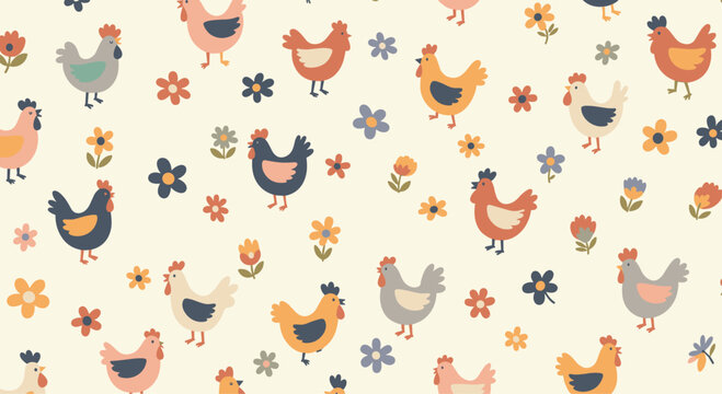 A charming seamless pattern with colorful, stylized chickens and simple flowers scattered on a light cream background.
