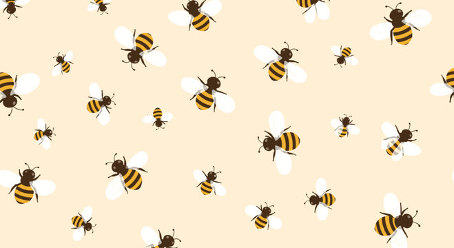 A charming seamless pattern of cute cartoon bees flying in different directions on a soft pale yellow background.