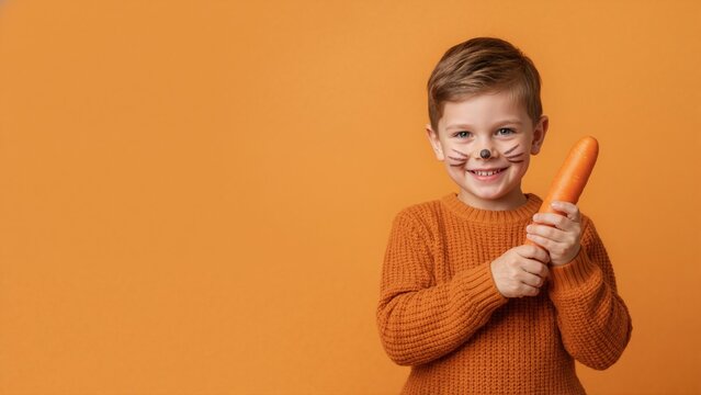 Little boy with whiskers and nose face paint holding fresh carrot. Happy child in orange sweater on orange background. Easter bunny costume concept. Copy space for text