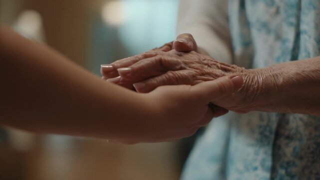 Medium shot focusing on a serene environment where a caregiver helps an advanced dementia patient engage in tactile therapy capturing calm and stability in specialized support.