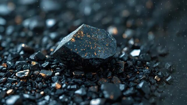 Black gemstone dark pebble surface with warm highlights and moody reflection. mineral crystal rock