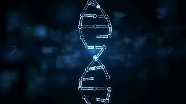 Animated DNA double helix structure rotating against a dark background. Represents the foundation of life, genetics, and biological research