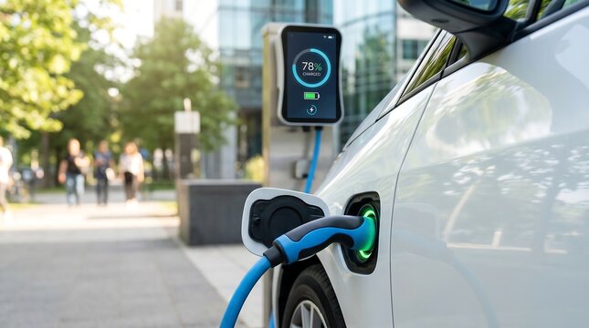 Electric Vehicle Charging at Public Station in Modern City &ndash; Sustainable Mobility Concept