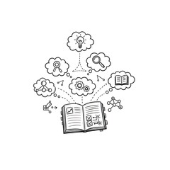 Open Book with Ideas and Research Clouds Hand Drawn