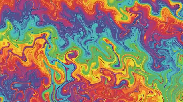 Trippy psychedelic colorful rainbow liquid marble gradient waves animation. Trendy hypnotic abstract organic ebru ripples and folds fluid art video. 4K seamless looping footage. 3D rendering.