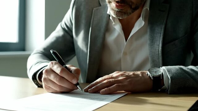 man signing contract on document beside house model and key. signature completes mortgage and realestate agreement. property sale and investment paperwork present. closing and title transfer recorded.