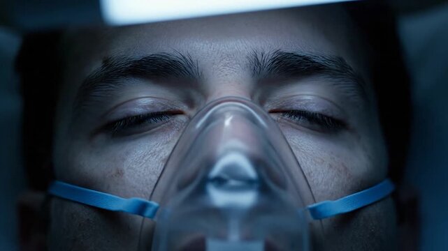 Close-up of a patient wearing an oxygen mask in a dimly lit hospital bed. Over eight seconds, the patient's eyes flicker open and closed, reflecting a struggle with critical or fluctuating consciousn