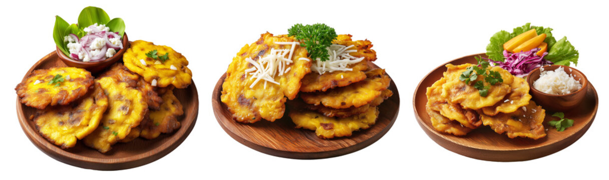 Colombia Patacones fried green plantains slices, isolated on white background