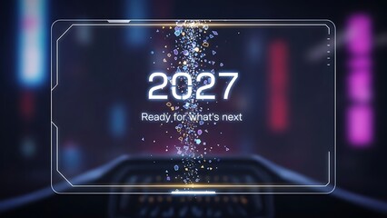 futuristic digital display with 2027 and ready for what s next message on screen with colorful particles