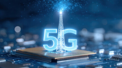 5G telecom tower hologram over microchip glowing blue digital connection concept