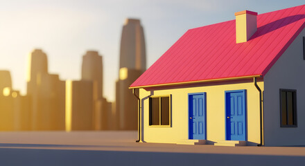 Real estate property with bright pink roof and two blue doors in front of a city skyline at sunrise