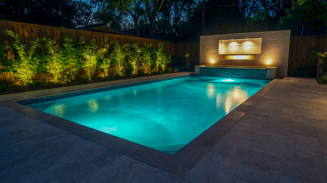 A serene outdoor setting during the evening. A rectangular swimming pool with a vibrant turquoise hue is the central focus, surrounded by smooth, light-colored tiles