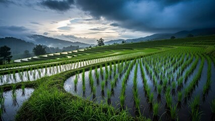 Rice field in green landscape.