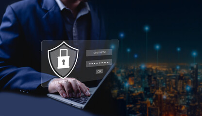 Businessman typing on laptop with digital security shield and login interface overlay, representing cybersecurity, secure login, data protection, online privacy, and business technology concept.