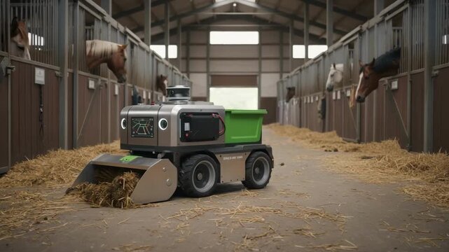Medium shot of a compact robotic stable cleaner navigating barn aisles showcasing its batterypowered design and advanced path programming for efficient waste removal.