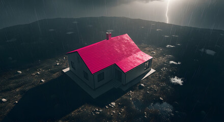 A lone house sits in a dramatic landscape with a storm approaching, featuring a vibrant pink roof