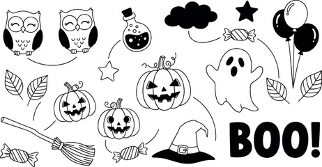 Fototapeta premium Cute Halloween doodle set with pumpkins, ghost, owls, broom, witch hat, candy, and spooky elements in black and white coloring page vector style