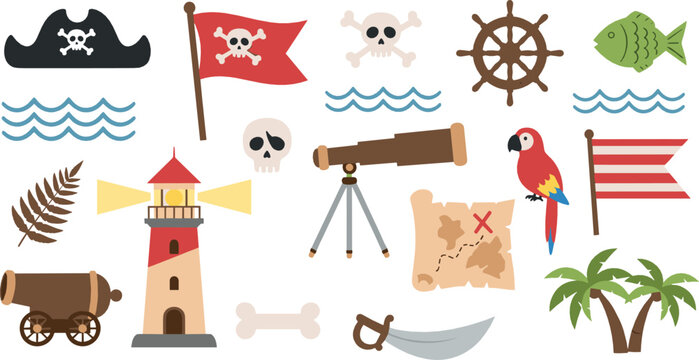 Pirate adventure icon set with lighthouse, treasure map, skull flags, cannon, telescope, parrot, palm trees, and nautical elements in colorful vector style