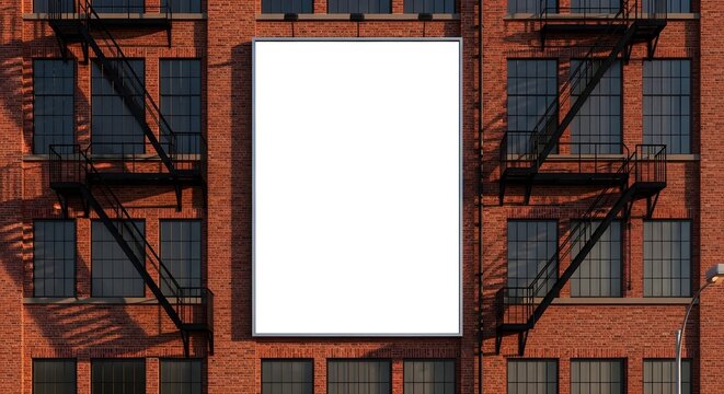 Large vertical white billboard mockup mounted centrally on a textured red brick building facade featuring multiple dark framed windows and black metal fire escape stairways casting dramatic shadows in